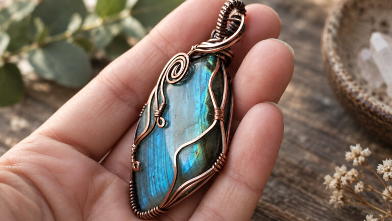 Blue flash labradorite pendant wrapped in copper wire by Sparkling Delicious
