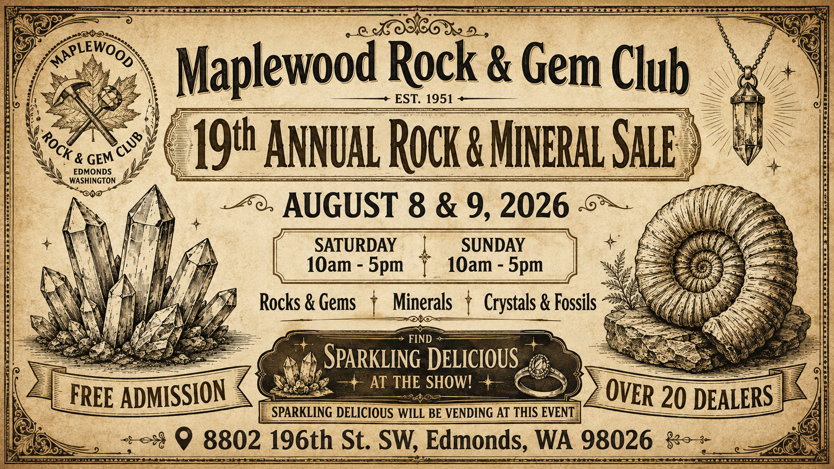 Sparkling Delicious vending at the Maplewood Rock & Gem Show in Edmonds August 8 and 9, 2026