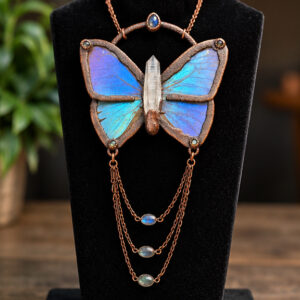 Blue Morpho butterfly necklace with labradorite and quartz crystal