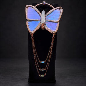 Blue Morpho butterfly necklace with labradorite and quartz crystal
