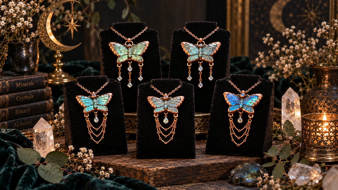 Five Labradorite Butterfly pendants displayed on black velvet in a moody fantasy crystal jewelry setting