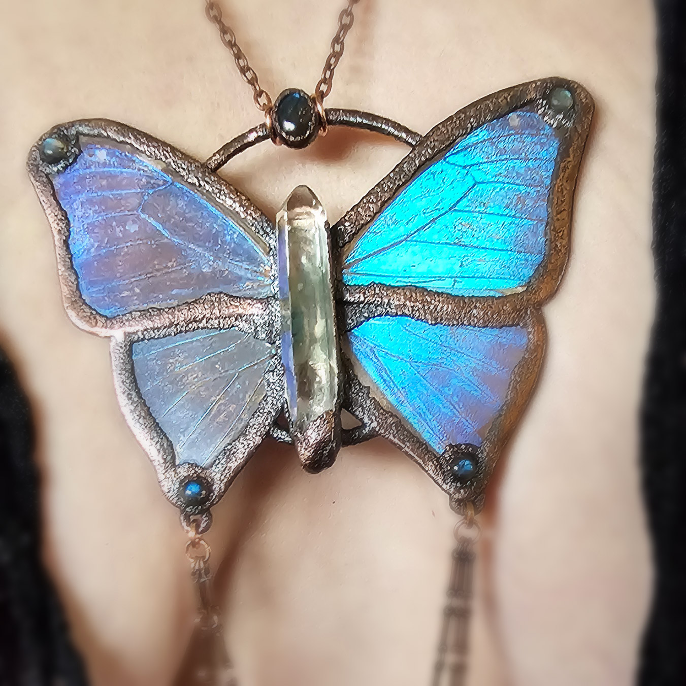 Sparkling Delicious blue butterfly jewelry with copper electroformed details