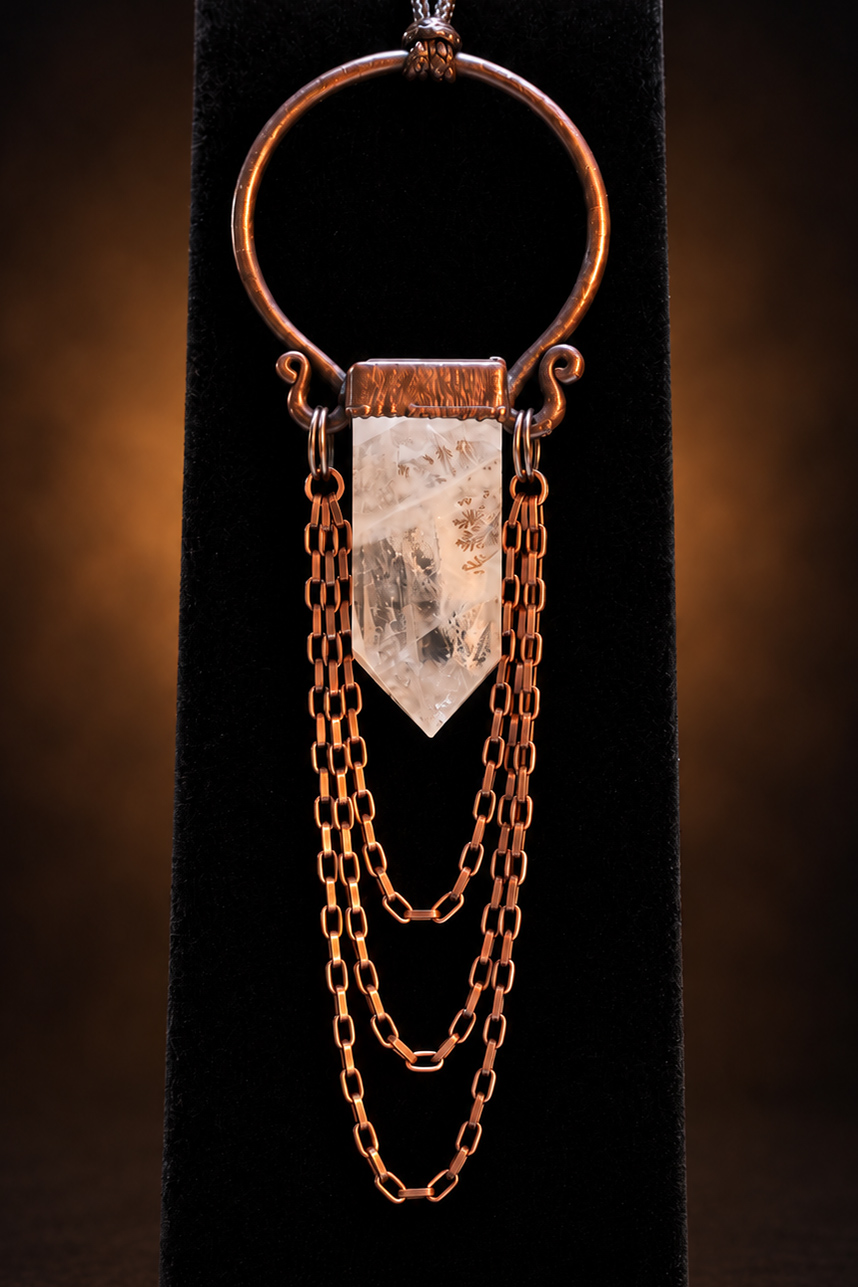 Large dendritic quartz point pendant in copper with three draped chains, displayed on black velvet.