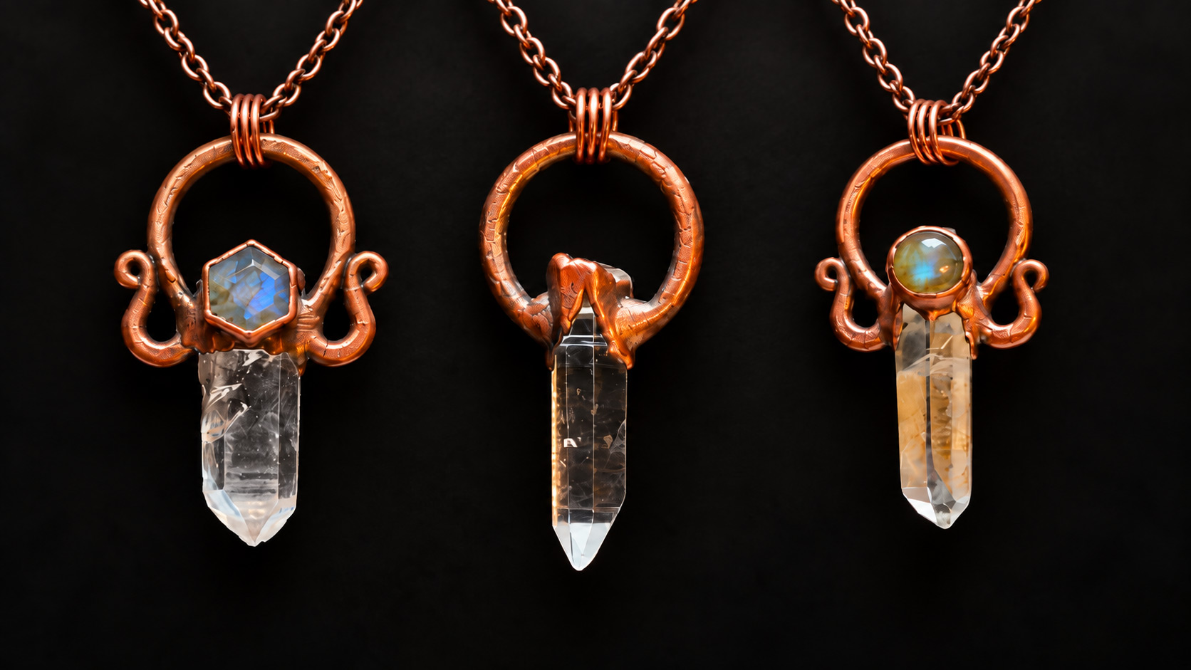 Three Keys to the Castle copper and quartz pendant necklaces by Sparkling Delicious