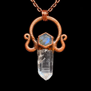 Lemurian Quartz Labradorite Pendant from the Keys to the Castle Collection on black velvet.