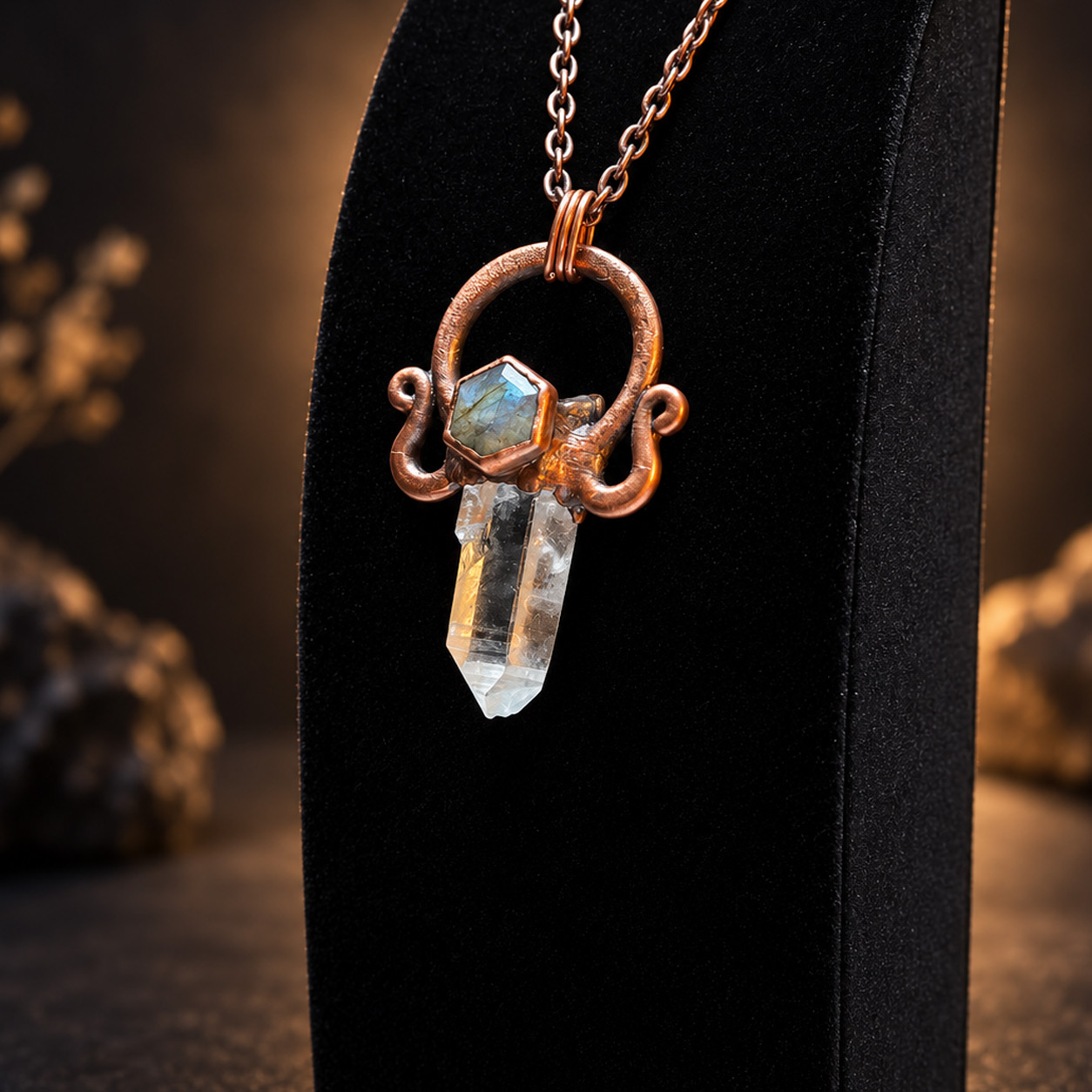 Angled view of a Lemurian Quartz Labradorite Pendant with faceted hexagon labradorite and sculptural copper.