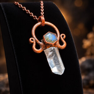 Close-up angled view of a Lemurian Quartz Labradorite Pendant with faceted blue labradorite and sculptural copper.