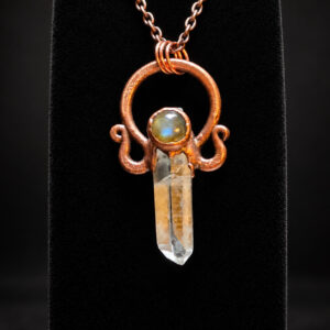 Quartz Labradorite Copper Pendant from the Keys to the Castle Collection on black velvet.